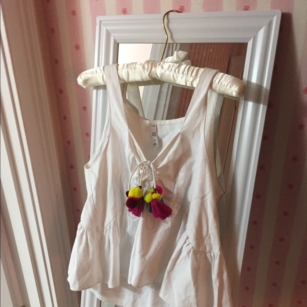 White ZARA Top with Pom Poms!